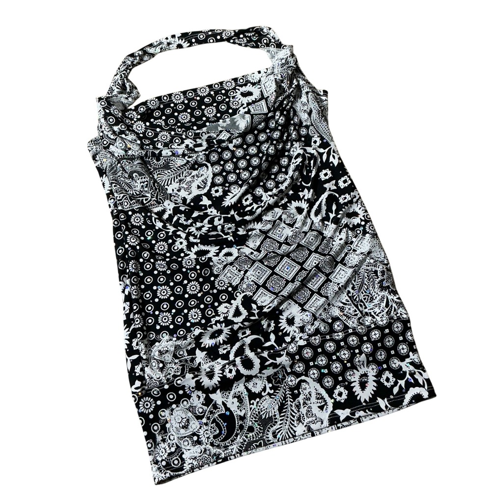 Endless Sun Paisley Bandana Cowl Halter Top Womens M Black White Y2K Rhinestone